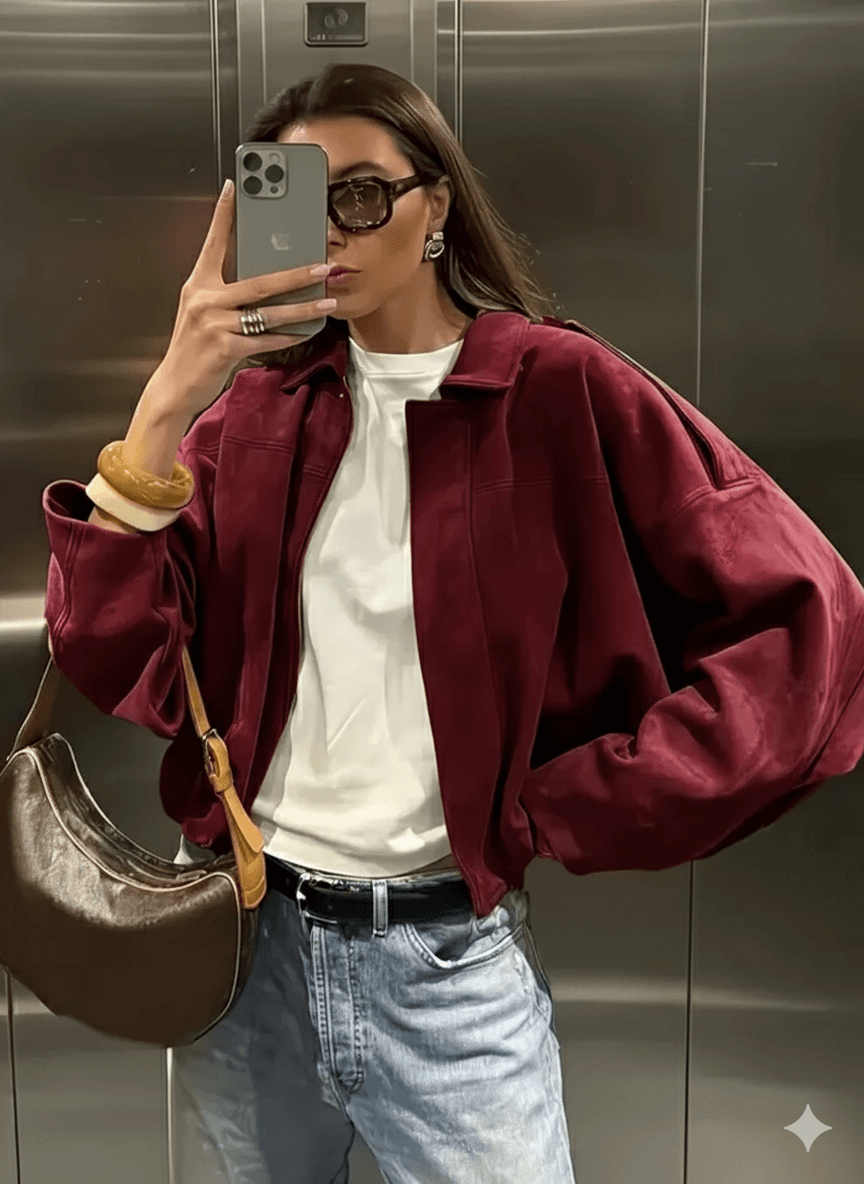 Model showcasing the Ethereal Edge Jacket Series in burgundy suede, paired with jeans and a stylish bag.
