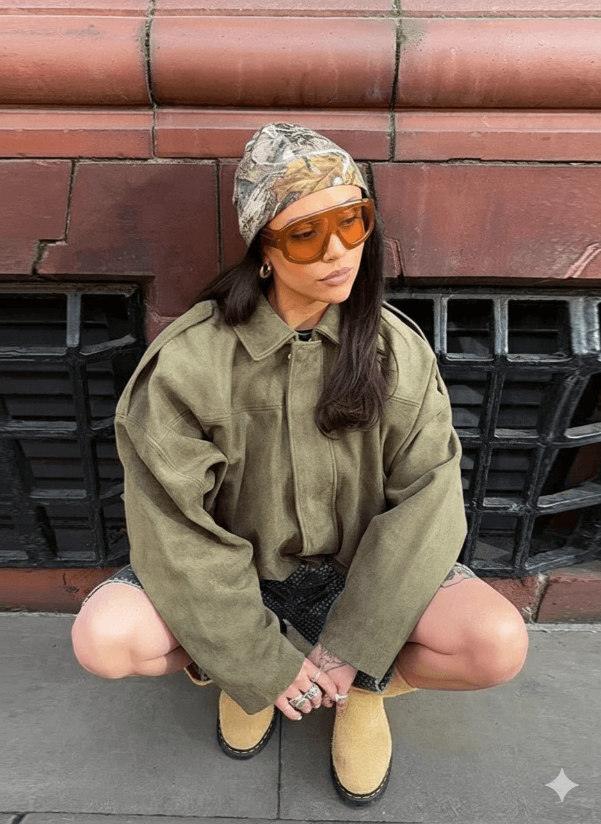Ethereal Edge Jacket Series styled in olive green, complemented by a patterned headscarf and oversized sunglasses.