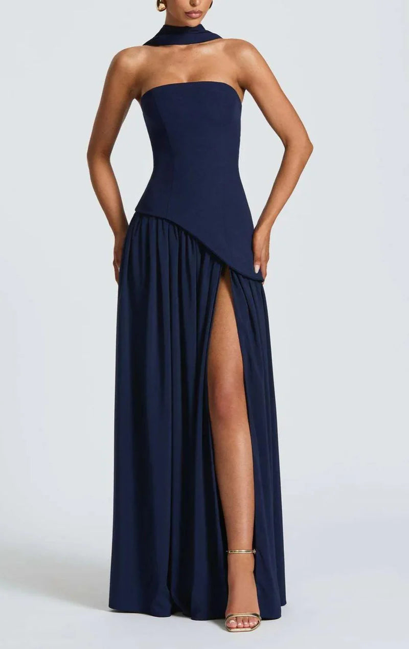 Serena – Strapless Ribbon Maxi Dress with Side Slit