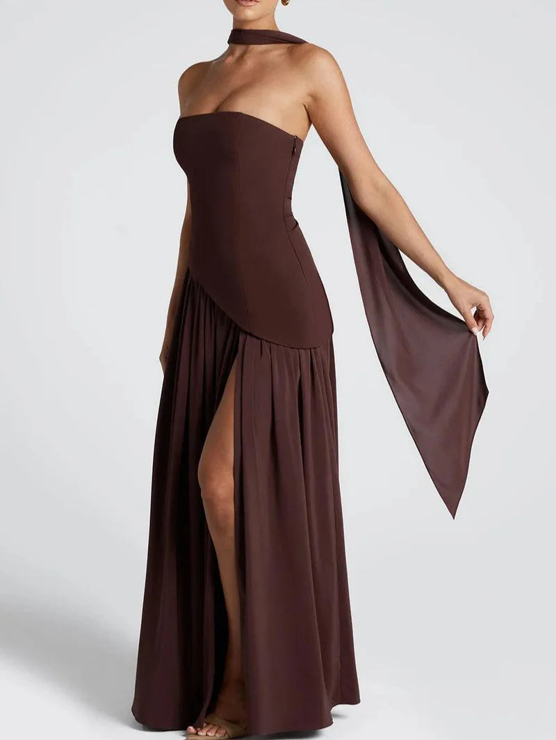 Serena – Strapless Ribbon Maxi Dress with Side Slit