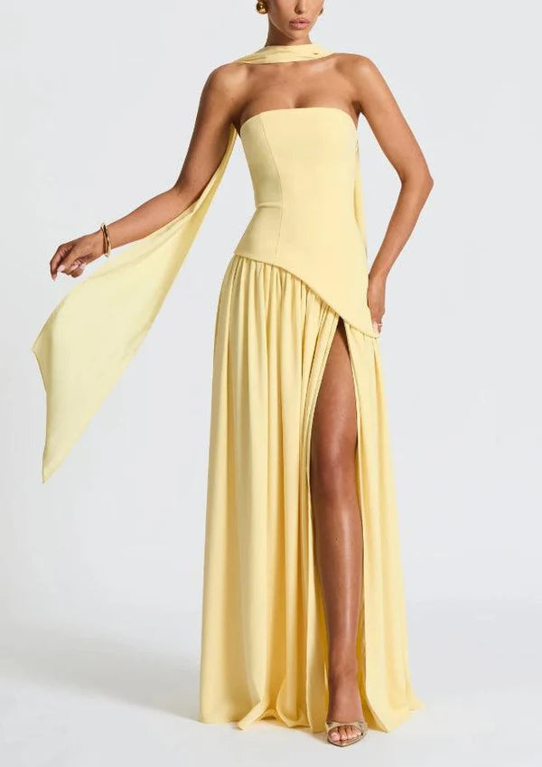 Serena – Strapless Ribbon Maxi Dress with Side Slit