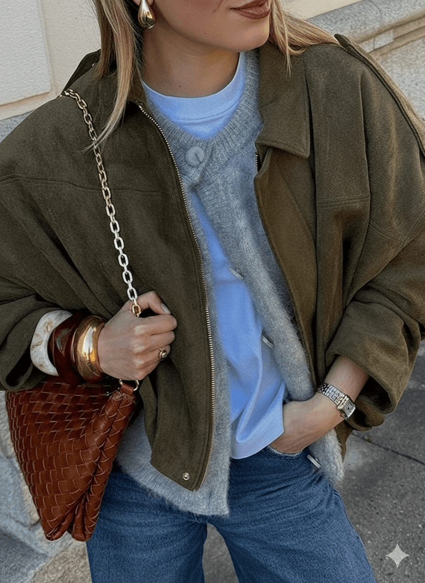 Woman wearing the Ethereal Edge Jacket Series with casual elegance, styled with a cozy sweater and trendy accessories.