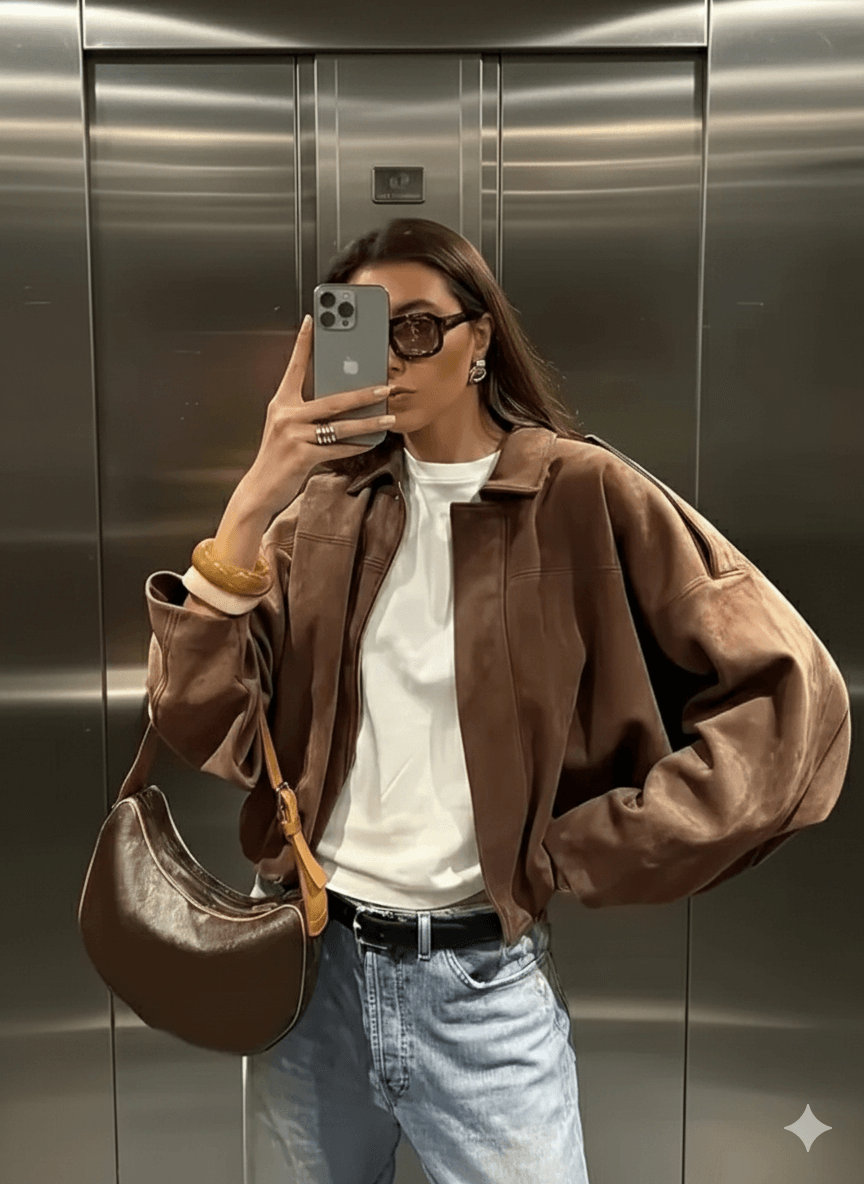 Woman in a brown Ethereal Edge Jacket Series posing in an elevator, showcasing modern suede style elegance.