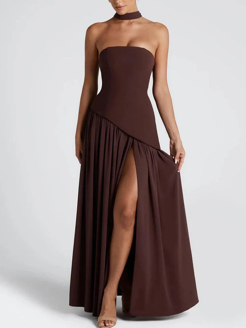 Serena – Strapless Ribbon Maxi Dress with Side Slit