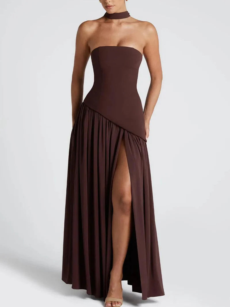 Serena – Strapless Ribbon Maxi Dress with Side Slit