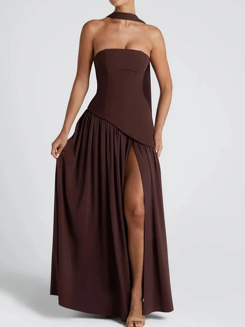 Serena – Strapless Ribbon Maxi Dress with Side Slit