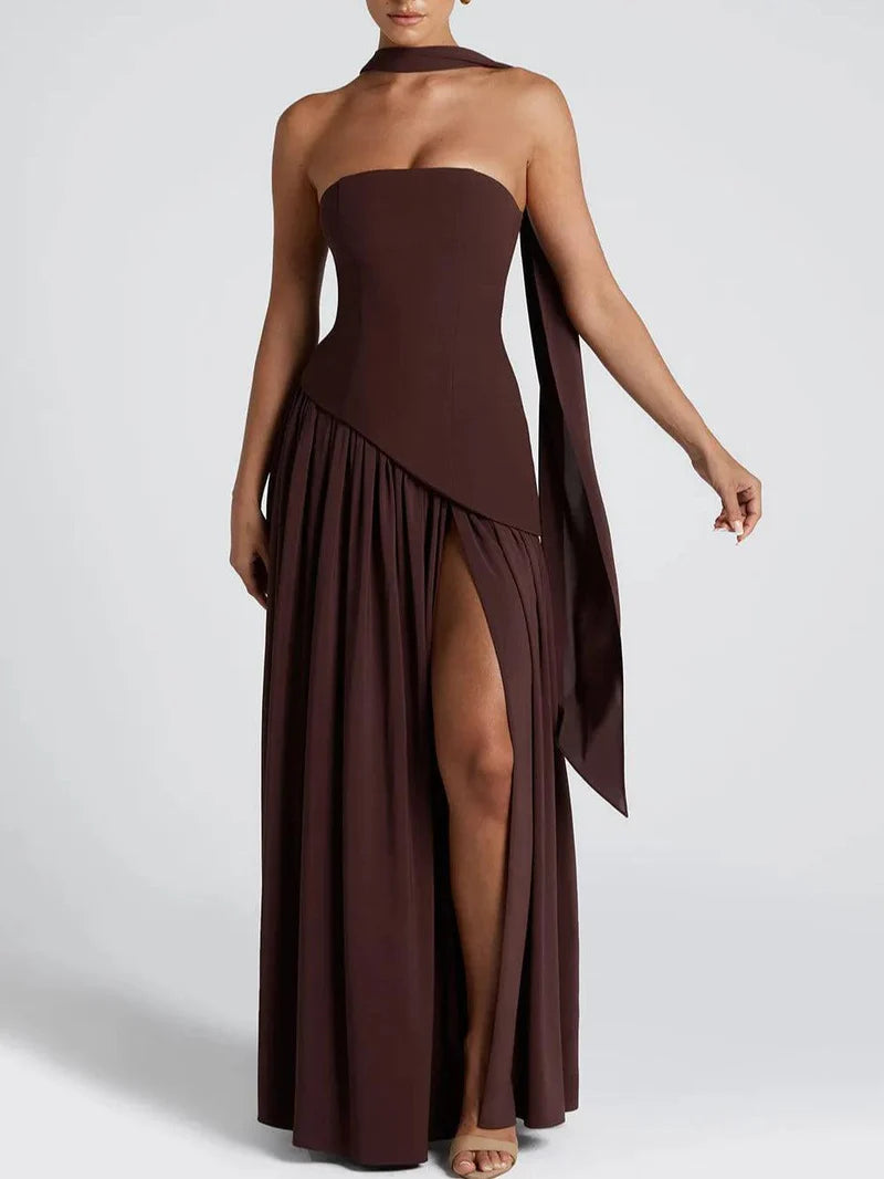 Serena – Strapless Ribbon Maxi Dress with Side Slit