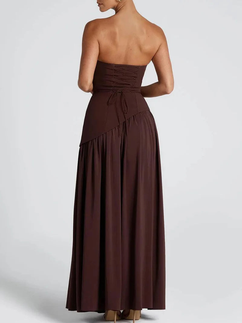 Serena – Strapless Ribbon Maxi Dress with Side Slit